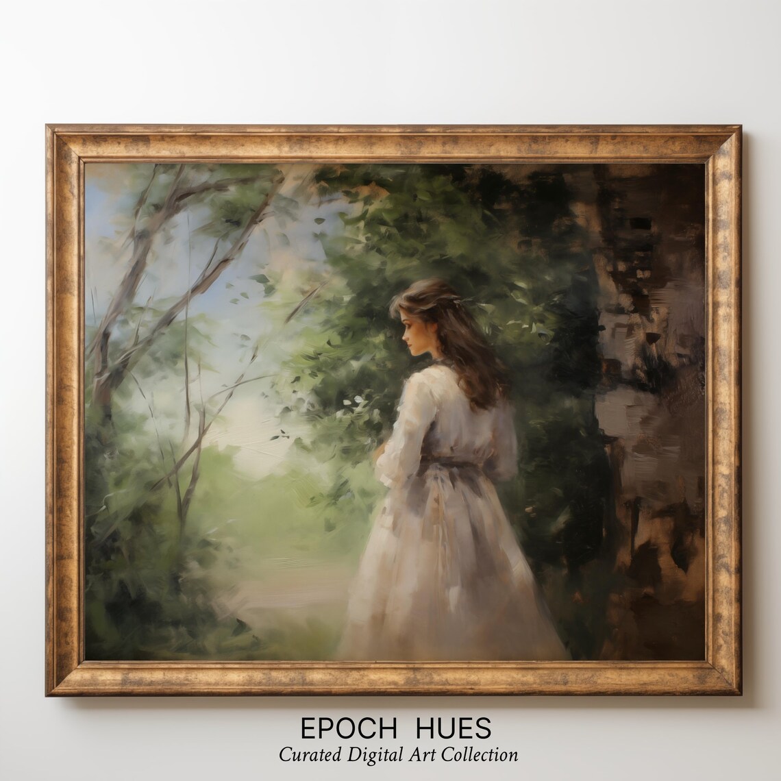 Woman In White Dress By Old Stone Wall In Countryside Vintage Poster - Image 3