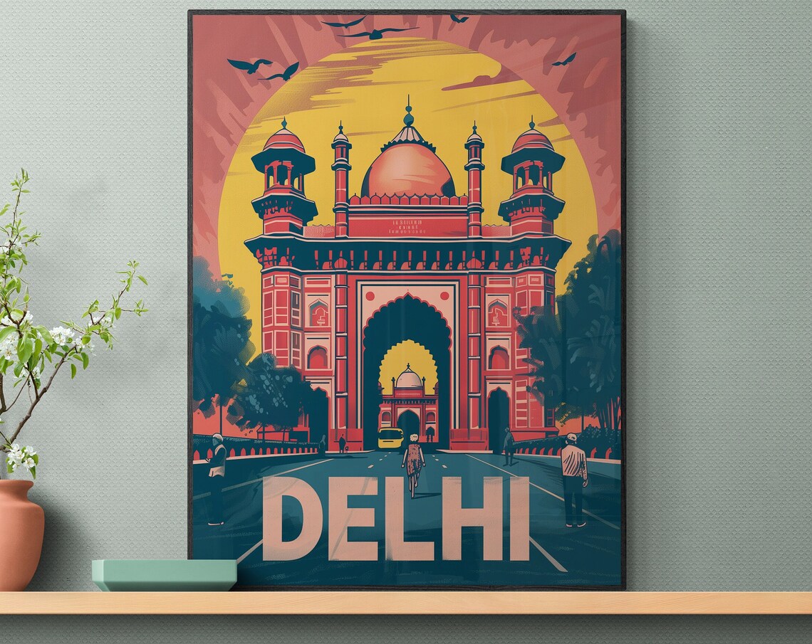 Delhi India Gate Grand Red Sandstone Arch Retro Travel Poster