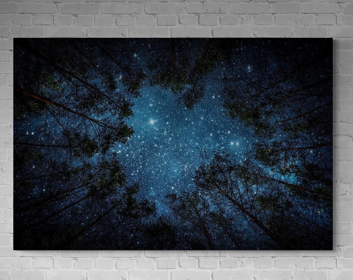 Starry Night Forest Milky Way Pines Navy Blue Sky Nature Art Poster - Image 2
