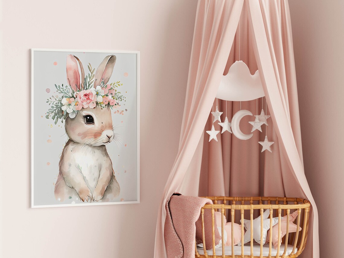 Baby Bunny Watercolor Nursery Poster Pink Floral Crown Rabbit Artwork - Image 2