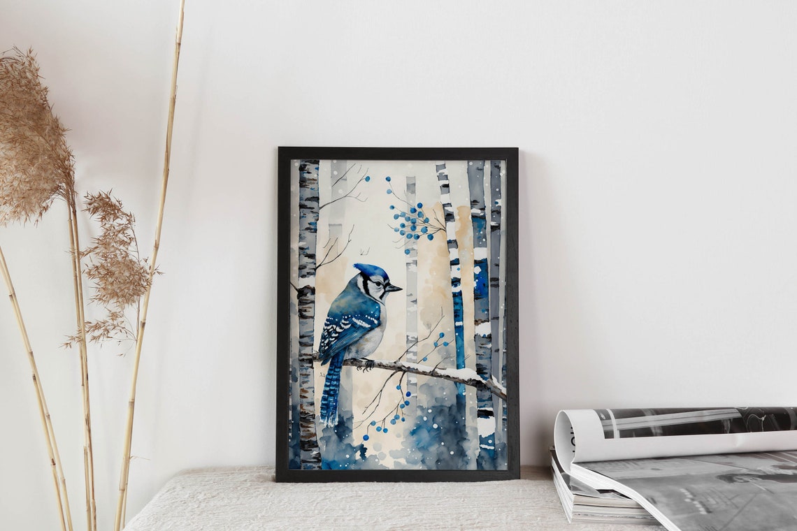 Winter Blue Jay Birch Tree Blue Berries Snow Watercolor Wall Art - Image 2