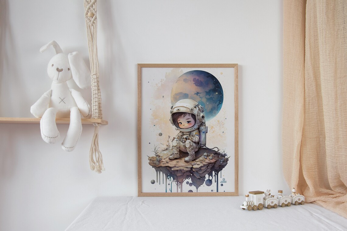 Baby Astronaut Boy Watercolor Nursery Print Floating Island Moon Kids Art - Image 2