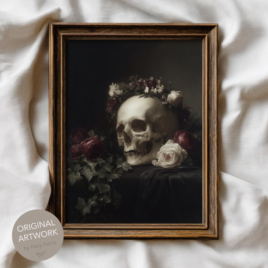 Human Skull With Flower Wreath, Gothic Still Life