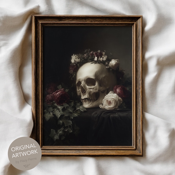 Human Skull With Flower Wreath, Gothic Still Life