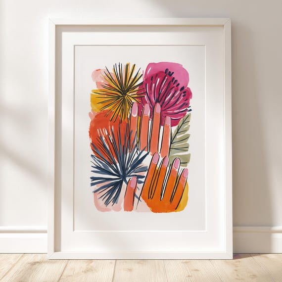 Hands With Flowers Art Print Modern Gouache Illustration Feminine Abstract Botanical Wall Decor