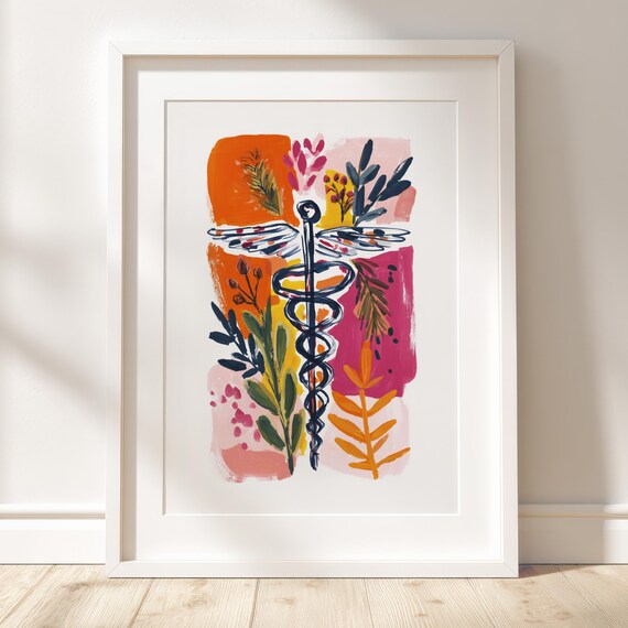 Caduceus Medical Symbol Print Vibrant Gouache Anatomy Poster Abstract Botanical Science Art