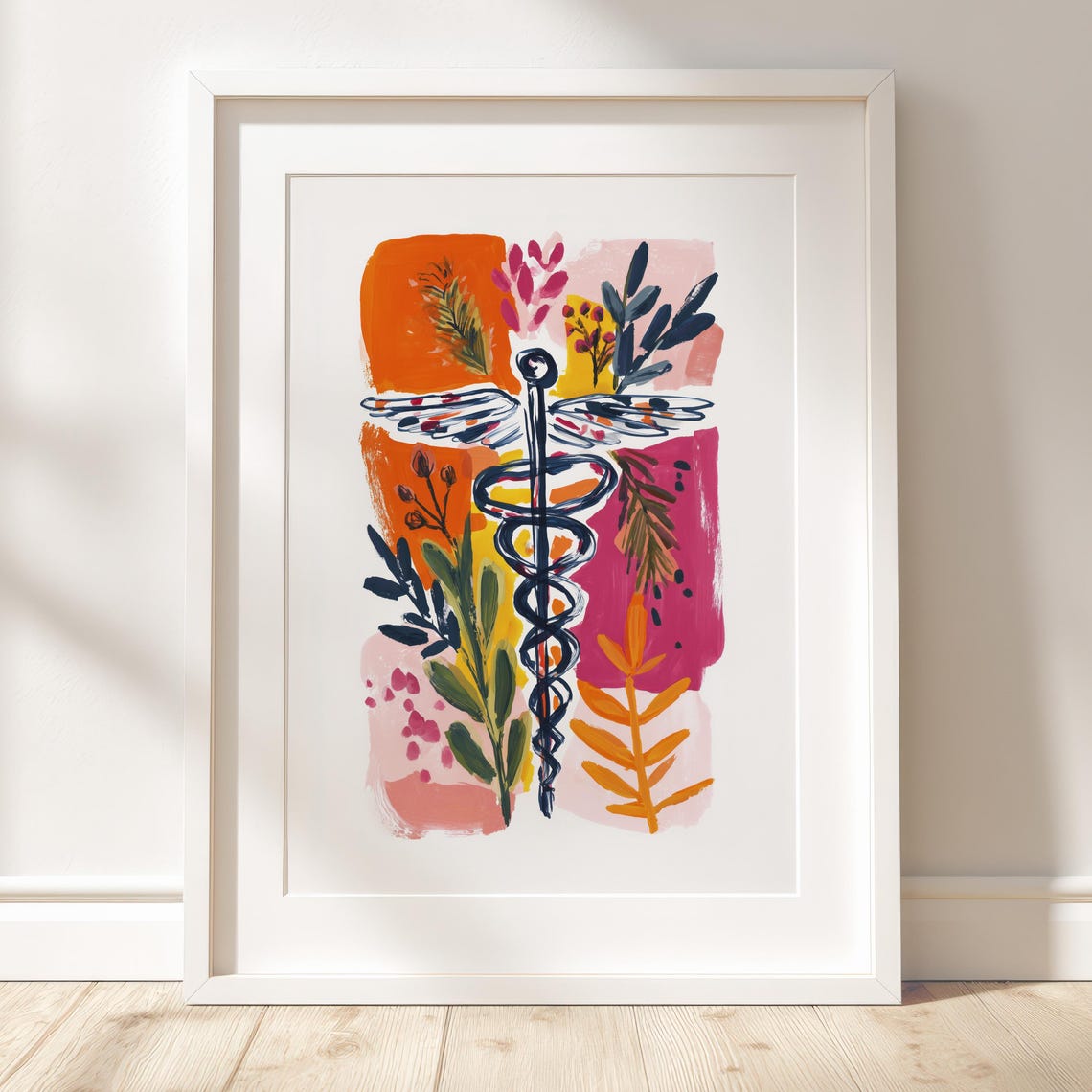 Caduceus Medical Symbol Vibrant Botanical Gouache Style Art Print