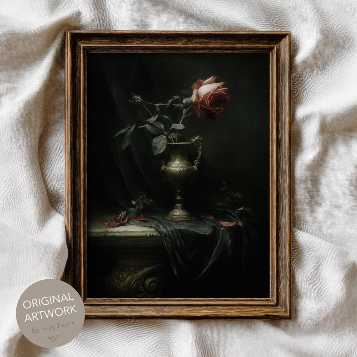 Single Red Rose In Brass Vase Gothic Romantic Still Life Art Poster