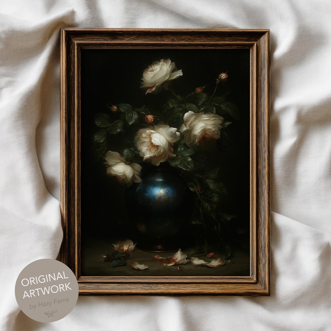 White Roses Dark Vase Moody Gothic Floral Still Life Oil Painting Art Poster