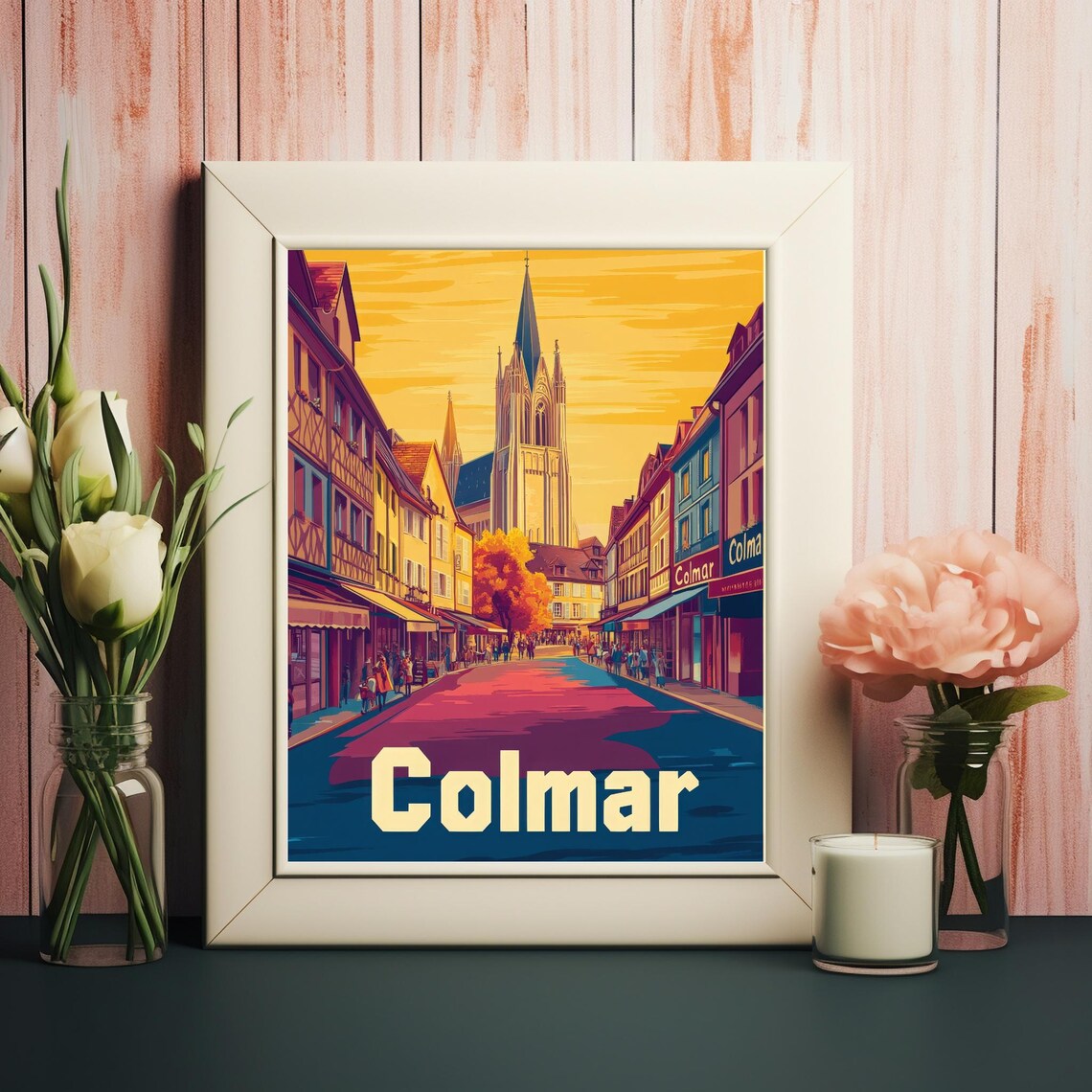 Colmar Half Timbered Street Sunset Church France Travel Poster