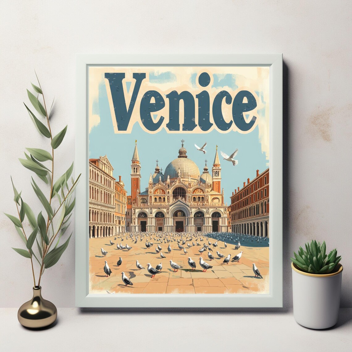 Venice Saint Marks Basilica With Pigeons In The Square Vintage Poster - Image 2