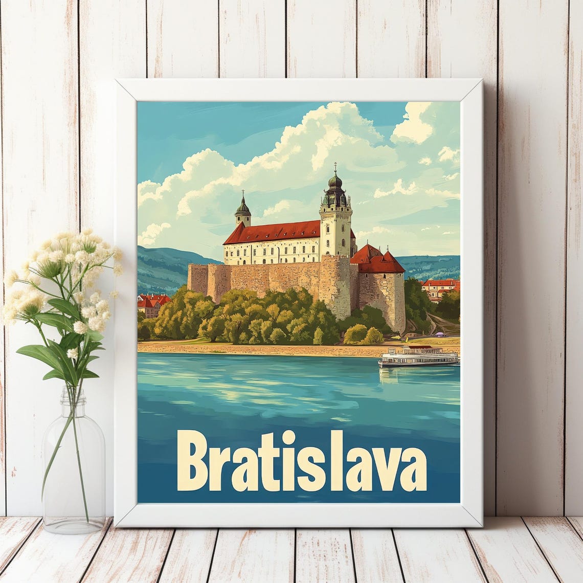 Explore The Charm Of Bratislava Vintage Travel Art Featuring Castle River And Scenic Hills - Image 2