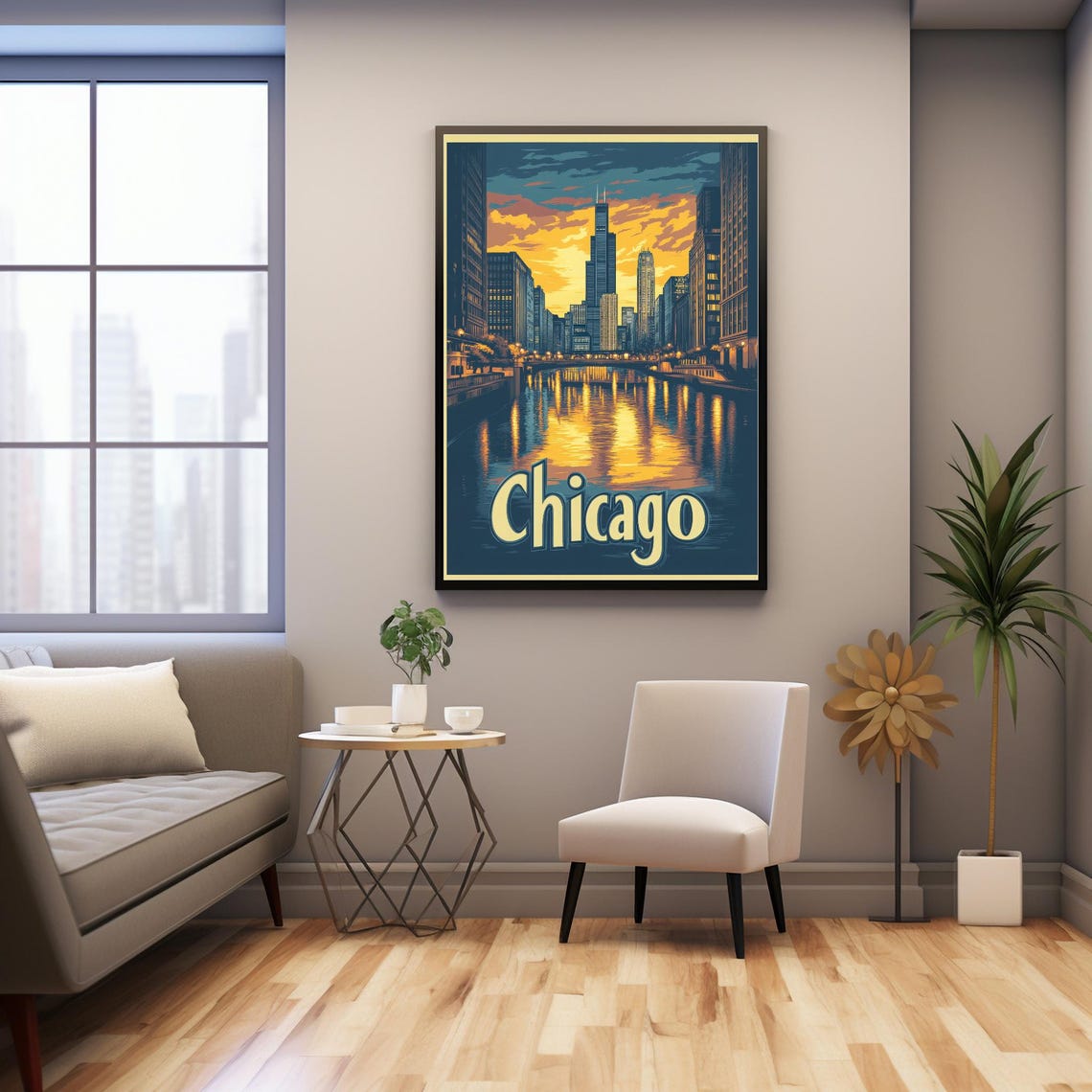 Chicago Skyline At Sunset Retro Vintage Travel Poster Style With Bold Chicago Typography Art Print - Image 3