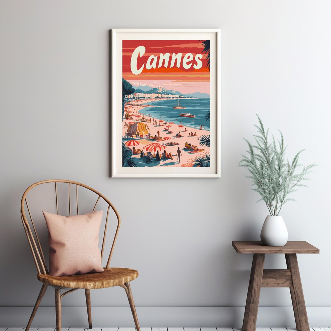 Cannes Beach Scene Retro Art Print, Sunset Coastline