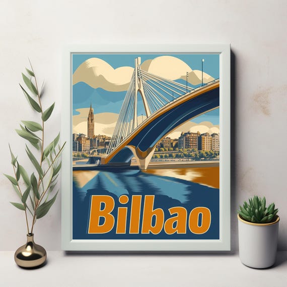 Stylish Bilbao Bridge Illustration Modern Cable Stayed Design With Urban Landscape In Warm Vintage Colors
