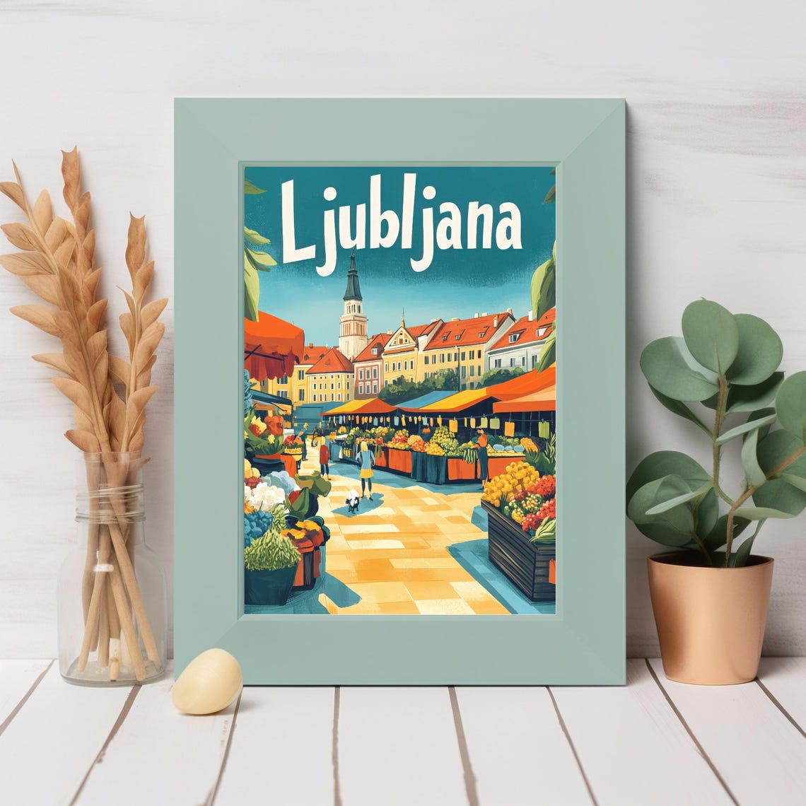 Vibrant Ljubljana Market Scene A Retro Travel Art Print Celebrating The Heart Of Slovenias Capital City