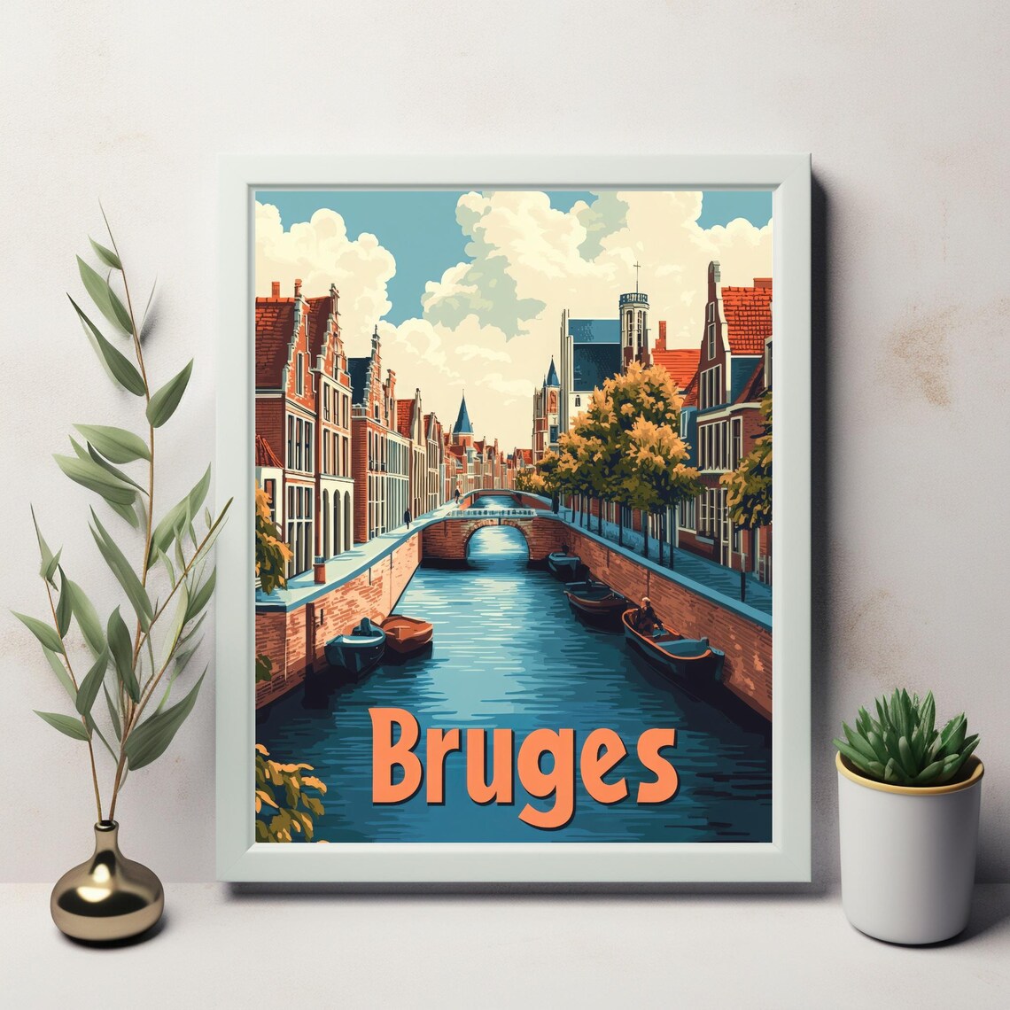 Bruges Canal Scene, Traditional Architecture Travel Poster