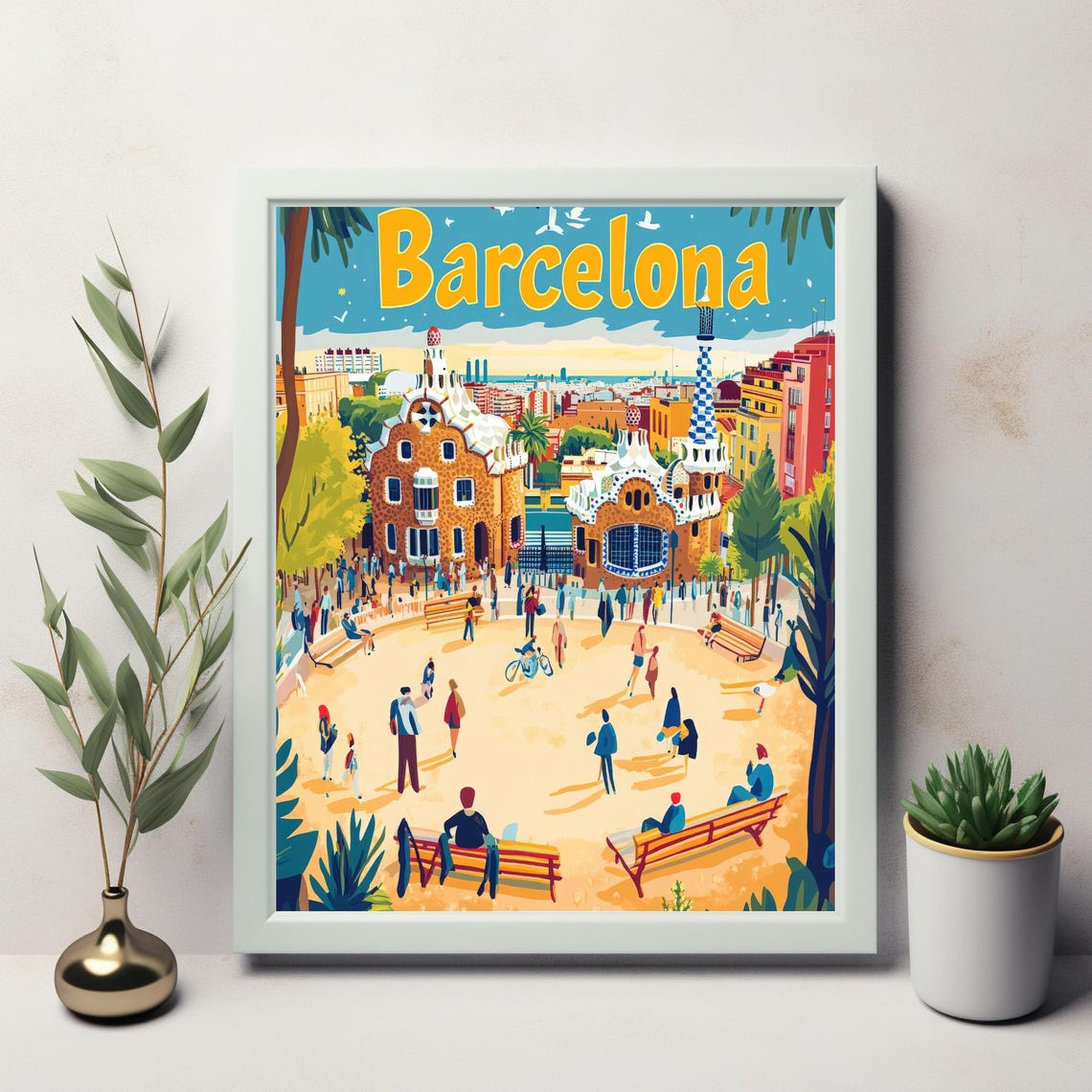 Vibrant Barcelona Plaza Illustration Whimsical Architecture And Lively Atmosphere In Bold Playful Art Style - Image 3
