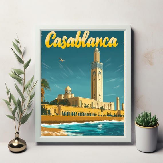 Vibrant Vintage Casablanca Illustration With Iconic Architecture And Sandy Beach A Nostalgic Travel Poster Art