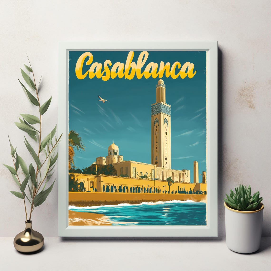 Vibrant Vintage Casablanca Illustration With Iconic Architecture And Sandy Beach A Nostalgic Travel Poster Art