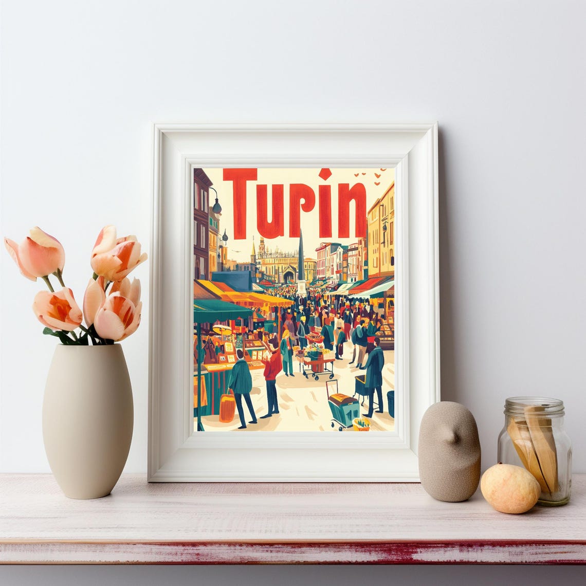 Vibrant Market Scene In Turin A Colorful Retro Travel Poster Illustration Of Italian Culture And Architecture - Image 2