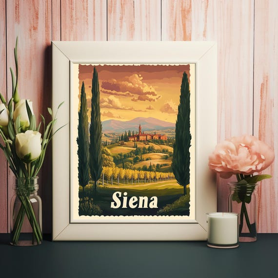 Vintage Poster Of Siena A Charming Tuscan Landscape With Cypress Trees Rolling Hills And A Medieval Town At Dusk