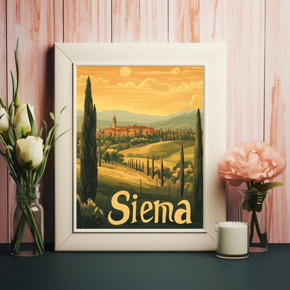 Serene Siena Landscape Illustration Vintage Style Print With Cypress Trees And Golden Hues Instant Wall Art