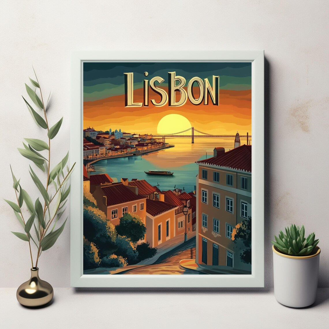 Lisbon Vintage Style Travel Poster, Iconic Bridge