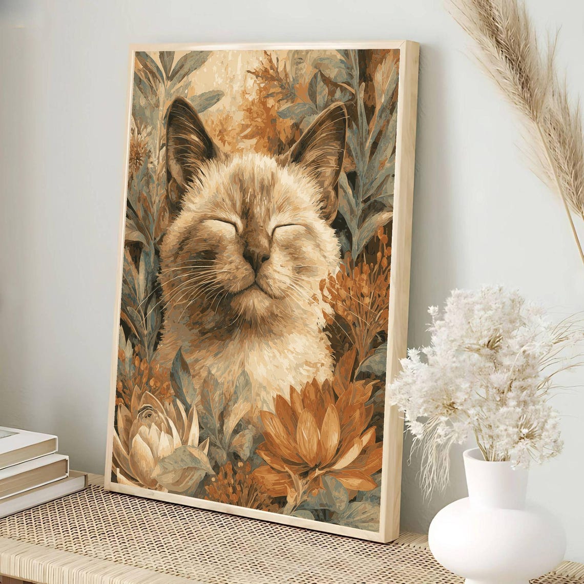 Folk Art Smiling Siamese Cat Golden Lotus Floral Nature Poster - Image 3