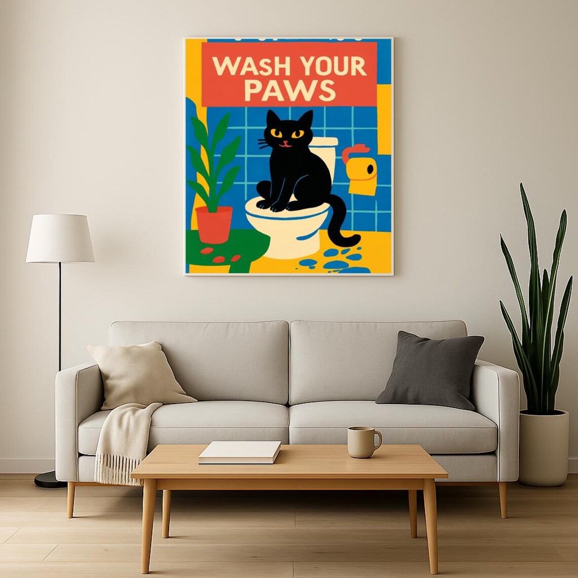 Wash Your Paws Funny Black Cat Bathroom Toilet Quote Art Poster - Image 2