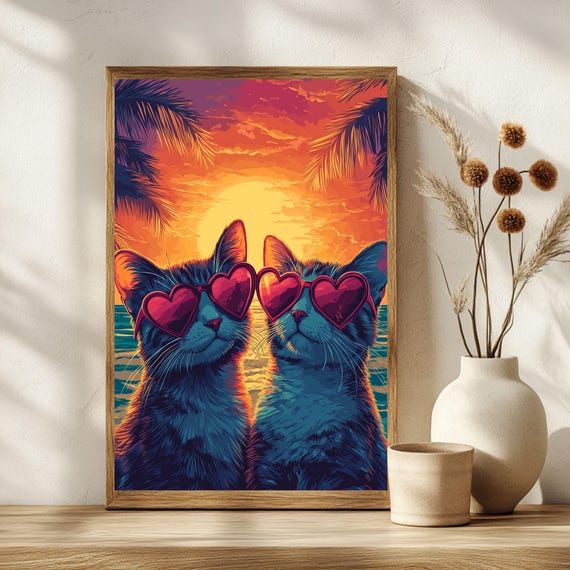 Romantic Cats Art Print Love Island Parody Cat Lover Gift Funny Wall Pet Owner Decor