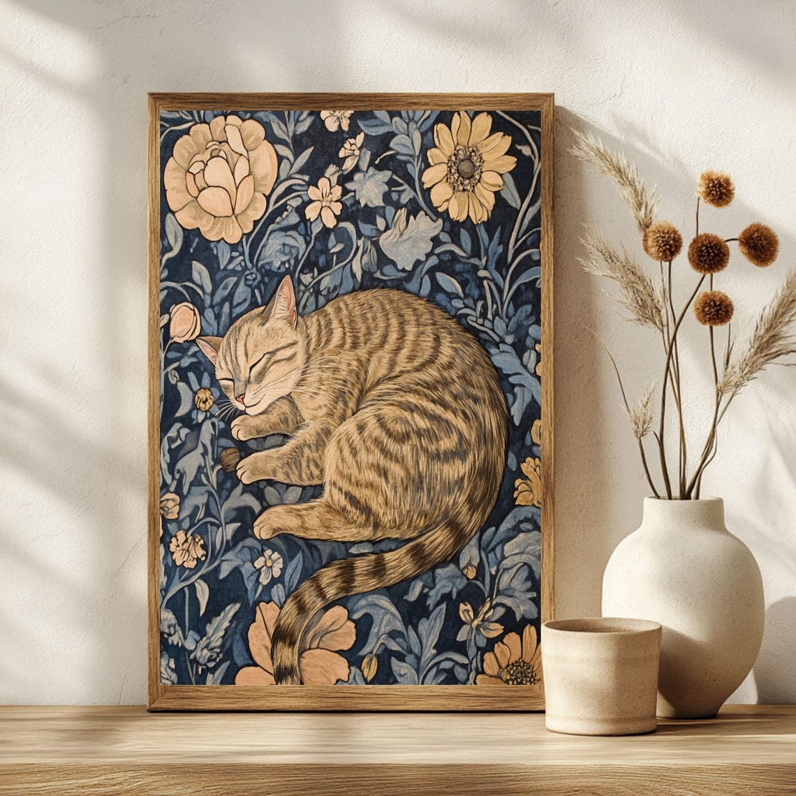 Sleeping Tabby Cat William Morris Style Floral Pattern Poster - Image 2