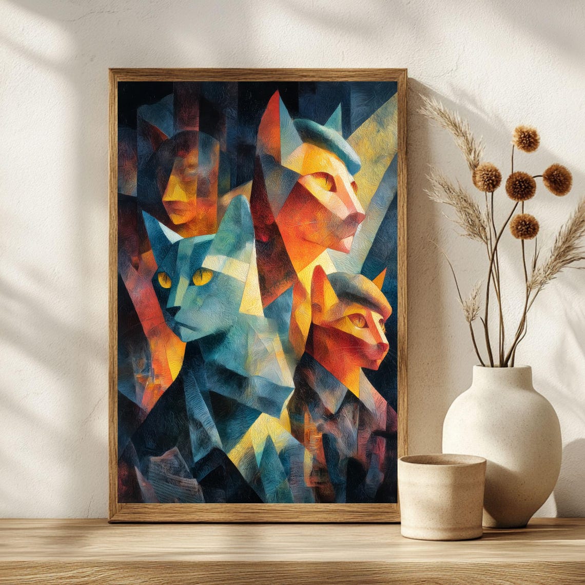 Cubist Cat Faces Geometric Abstract Bold Color Gallery Art Poster