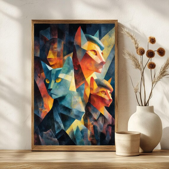 Cubist Cat Faces Geometric Abstract Bold Color Gallery Art Poster