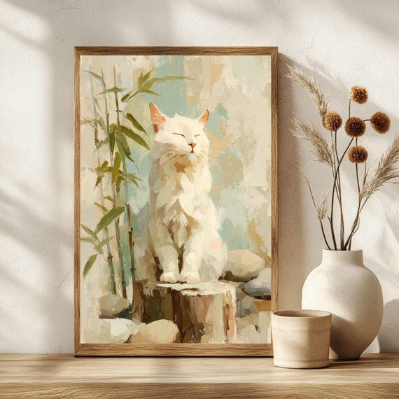Serene Cat Art Print Bamboo Peaceful Meditatin Poster Lover Gift Zen Decor Bedroom