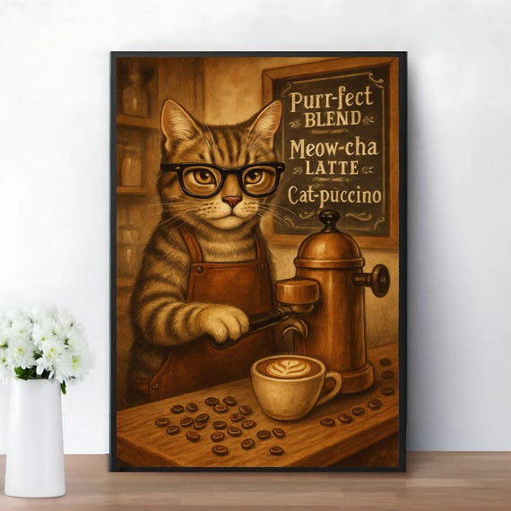 Coffee Cat Art Print Barista Wall Shop Decor Lover Gift Funny Kitchen For Hipster