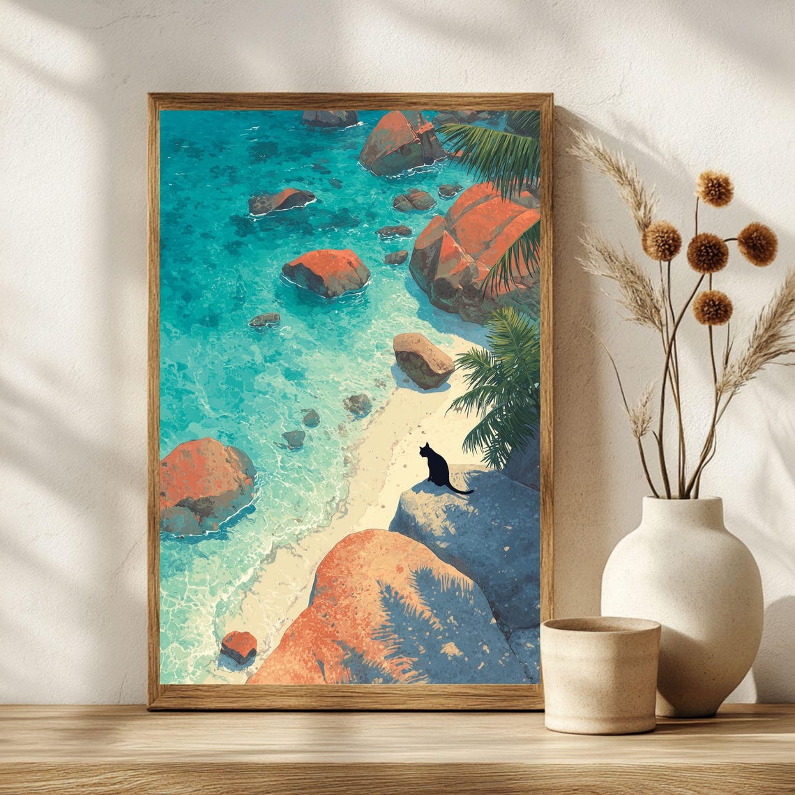 Tropical Black Cat Cove Turquoise Water Rocky Beach View Poster - Image 2