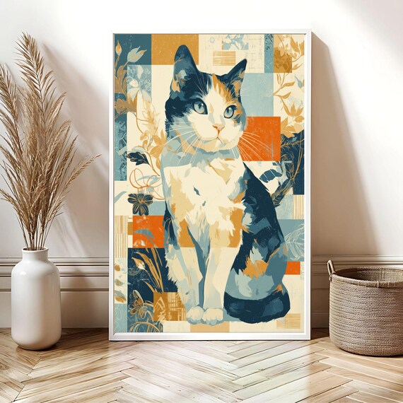 Modern Abstract Collage Cat Colorful Retro Mid Century Art Poster
