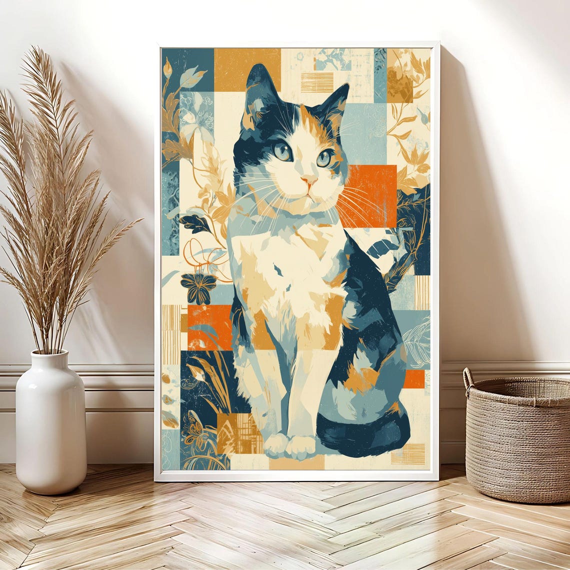 Modern Abstract Collage Cat Colorful Retro Mid Century Art Poster