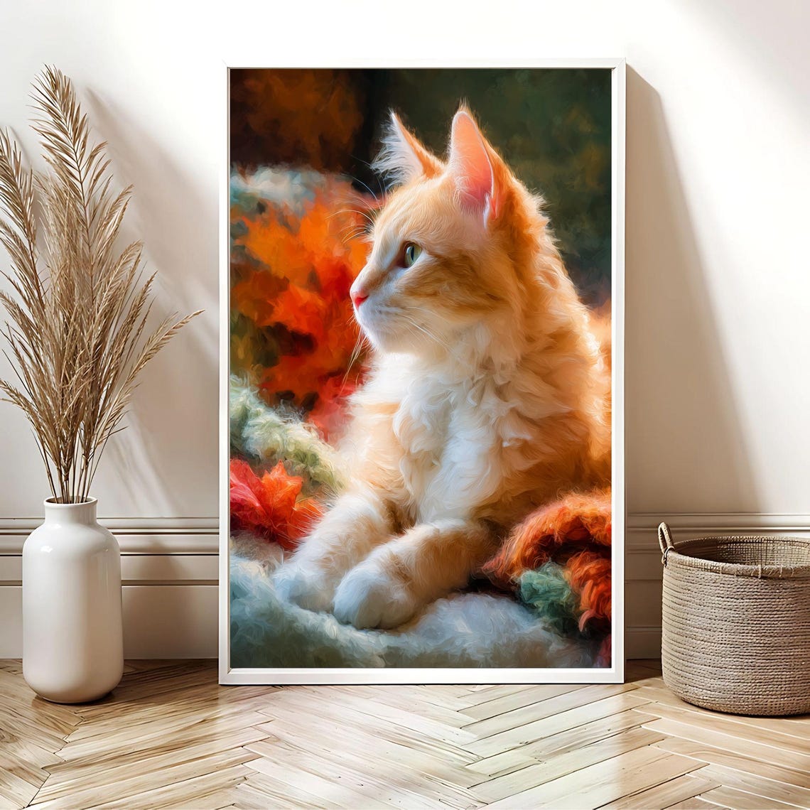Cozy Orange Longhair Cat Autumn Foliage Impressionist Poster - Image 2