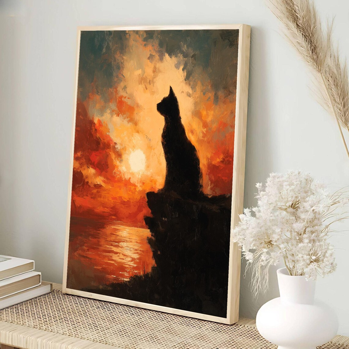 Black Cat Silhouette Watching Fiery Sunset Over Open Sea Poster