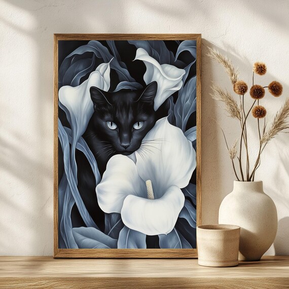 Black Cat Among White Calla Lilies Georgia OKeeffe Art Poster