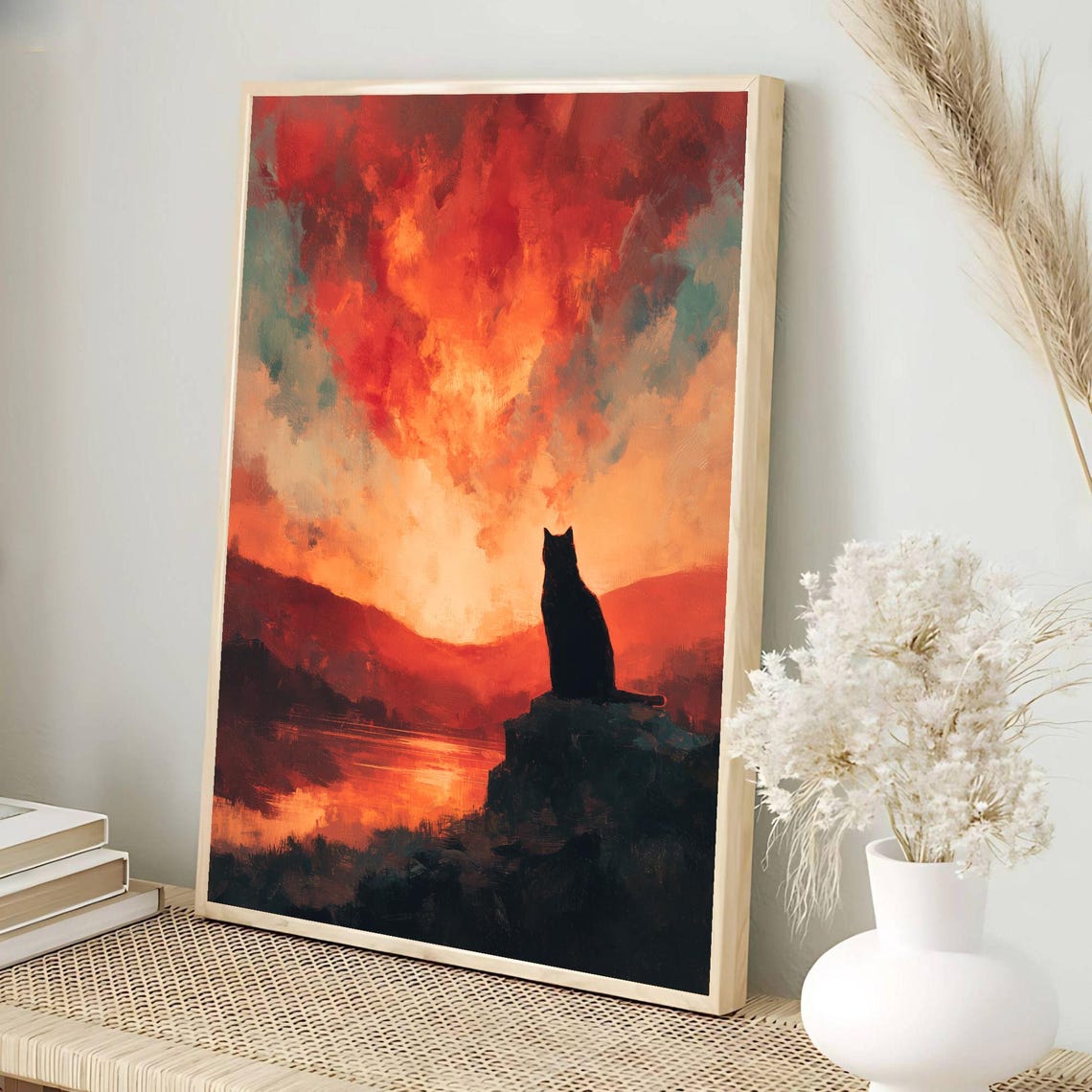 Black Cat Silhouette at Sunset Over Mountain Lake Art Poster - Image 3
