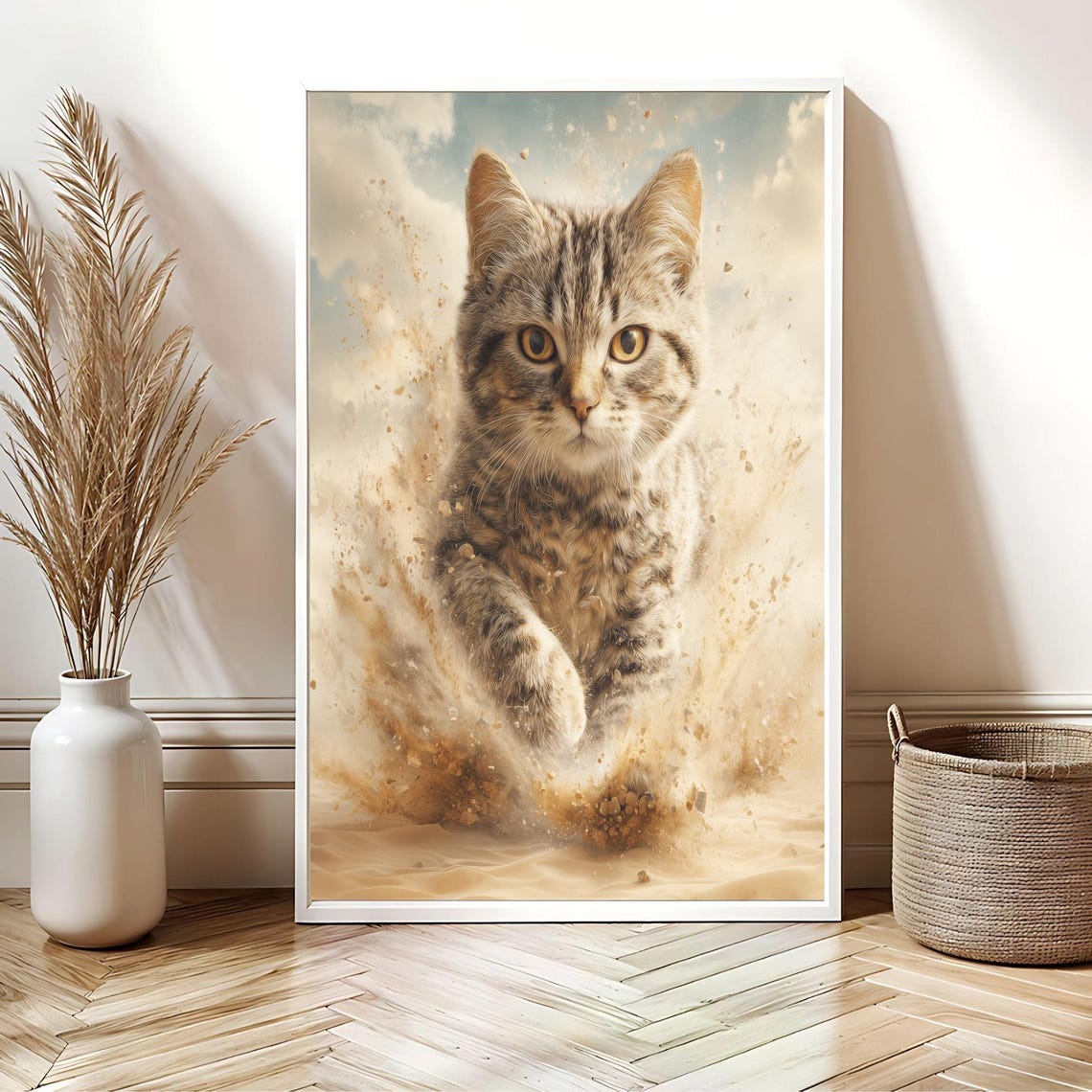 Stunning Tabby Cat Emerging From Golden Desert Sand Splash Poster - Image 2
