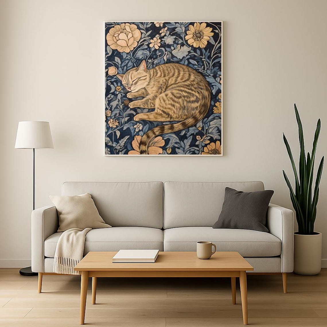 Sleeping Tabby Cat William Morris Style Floral Pattern Poster - Image 3