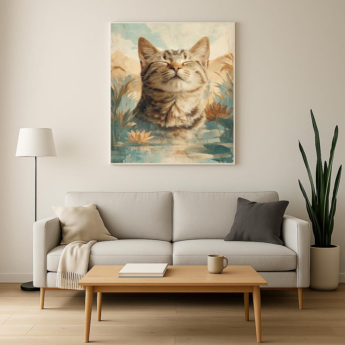 Meditating Tabby Cat Lotus Pond Serene Botanical Wall Poster - Image 3