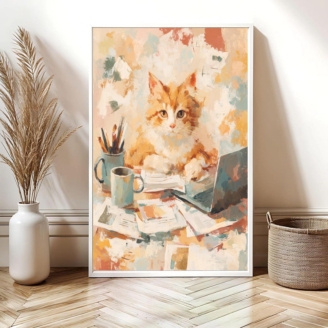 Orange Cat Work From Home Desk With Laptop Cozy Office Poster