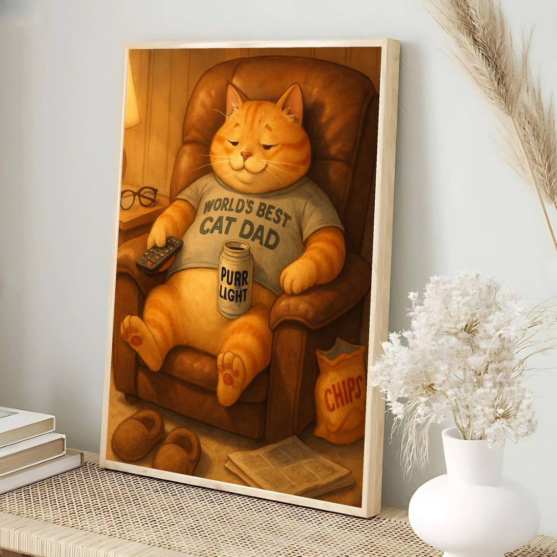 World's Best Cat Dad Funny Orange Tabby Couch Lounging Beer Poster - Image 3