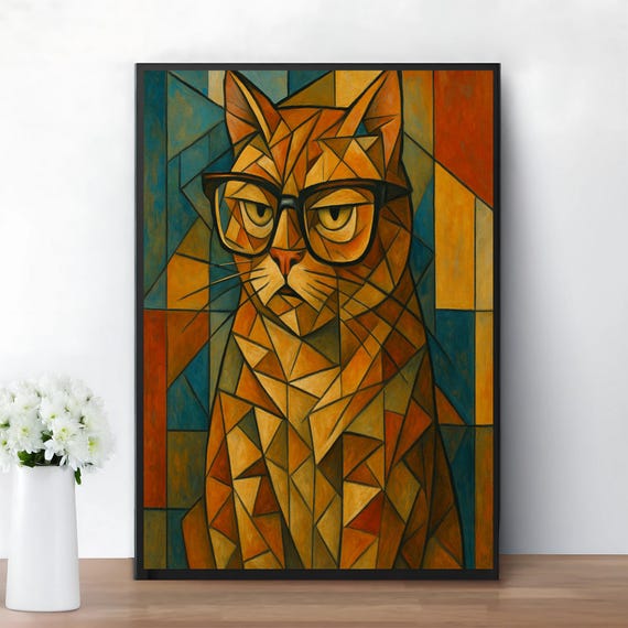 Cubist Cat Art Print Funny Picasso Parody Painting Unique Lover Gift History Home Decor Humorous Wall For Mom