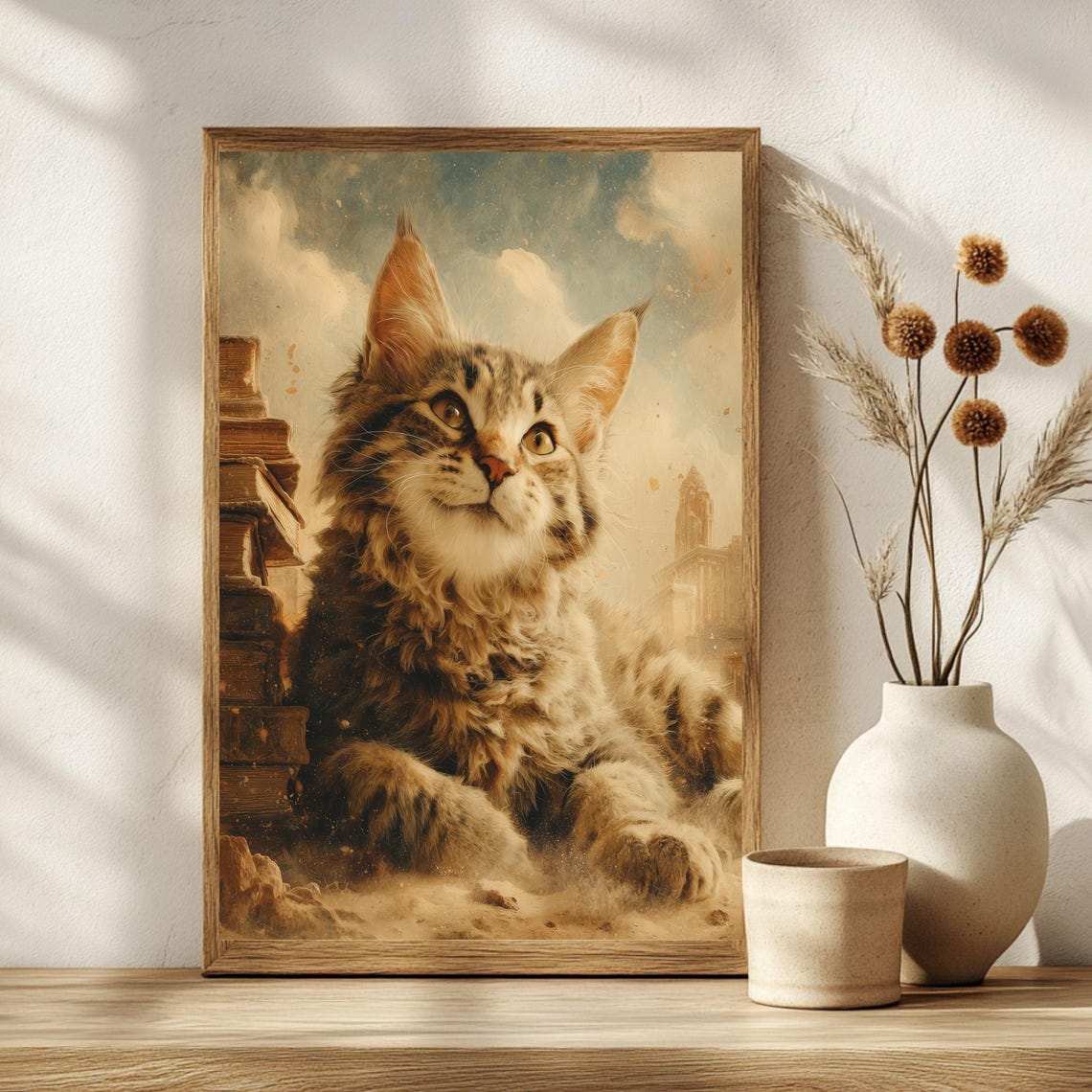 Maine Coon Cat With Stack of Books Dreamy Surreal Art Poster - Image 3